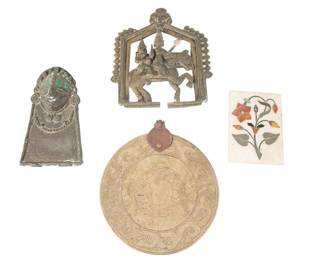  Collection Of Vintage Indian Hindu Pilgrimage Amulets, Brass Plaque & Stone Inlay