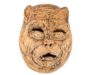  Old Hand Carved & Painted Wooden Cat Humanoid Mask