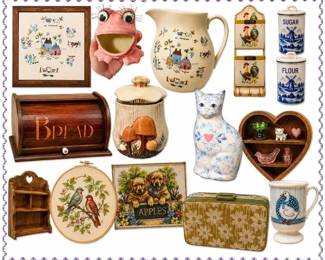 A sampling of the wonderfully eclectic vintage mix you can expect, including kitchenware, bread boxes, canisters, pottery, ceramics, framed art, wall decor, heart shelves, florals, country kitchen pieces, quirky collectibles, and plenty of one-of-a-kind finds.
