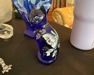 Hand Painted by Shariana Cobalt Blue Glass Cat Figurine