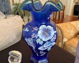Fenton 75th Anniversary Cobalt Blue Hand-Painted Floral Ruffled Vase