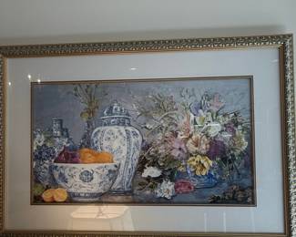 Still Life with Blue and White Porcelain and Fruit, Watercolor Painting by C. Smith