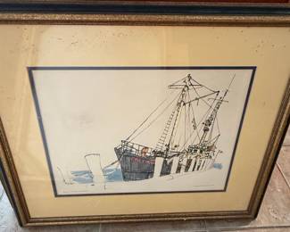 Martin Silverman Signed Nautical Ink and Watercolor Drawing