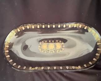 Vintage Glass Serving Tray with Gold Leaf and Medallion Design