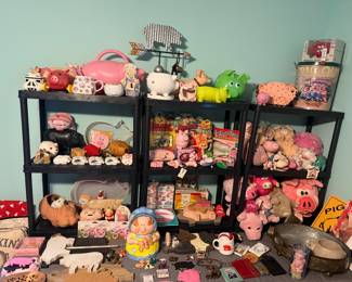Lots of pig decor and collectibles on both floor and the garage.