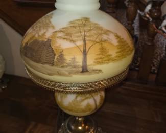Fenton Burmese Uranium HP Log Cabin Lamp Glows