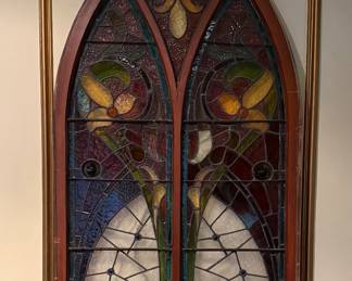 Antique Gothic-arch Stained Glass Window framed in wood