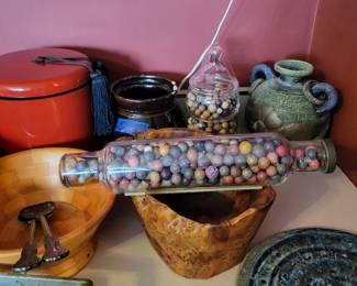 OLD ROLLING PIN WITH CLAY MARBLES