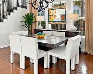 STUNNING SQUARE DINING TABLE & NUBBY BEIGE CHAIRS