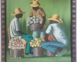 Oil On Canvas Of Haitian Flower Market By Haitian Folk Artist Claude Dambreville