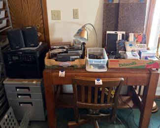 Mission Oak desk, antique wood office chair, Canon printer, radios, miscellaneous electronics