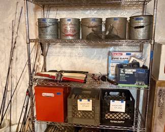 Vintage minnow buckets, new fire safe, fish locaters, fishing magazines