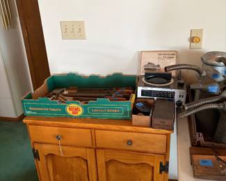 Antique wood commode, vintage tools