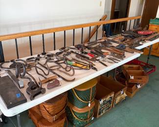 Vintage tools, picnic baskets, wood crates