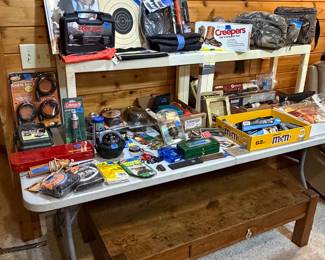 Camping/hunting gear, antique wood coffee table