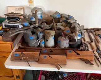Vintage oil/gas cans, vintage tools