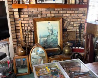 Fishing knives, oak framed mirrors, A. J. Russell framed bird print, brass spitoon, copper coal scuttle, fireplace tool sets, primitive wood coffee table
