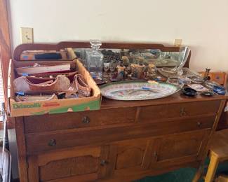 Antique oak buffet with mirror back, miscellaneous vintage items