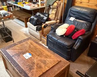 Antique primitive wood trunk, recliners, hunting/camping gear