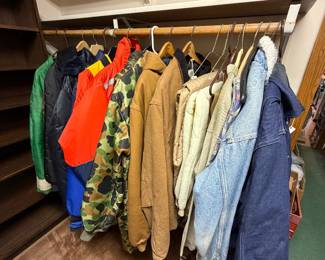 Outdoor clothing including Carhartt, 2 vintage snowmobile suits (as is)