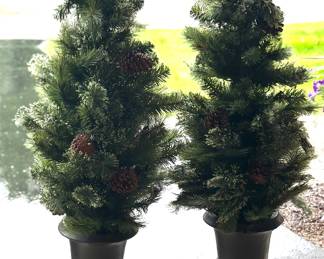  potted artificial trees in black urns 