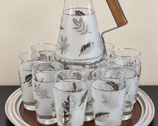 Libbey Silver Leaf Foilage frosted beverage set with teak handle on the pitcher 