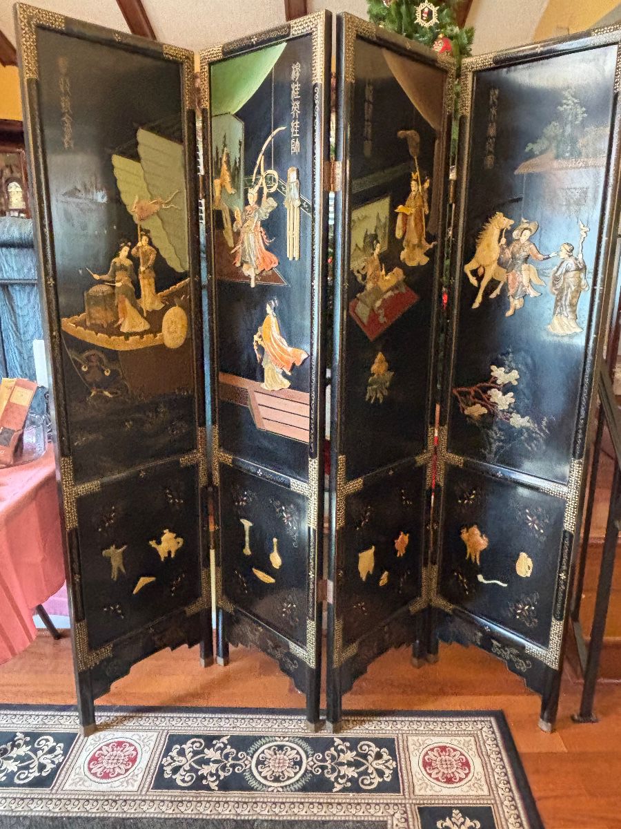 Vintage oriental black lacquered folding four panel screen with carved soapstone inlay work