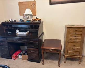 Roll top desk, vintage side table, and jewelry armoire 