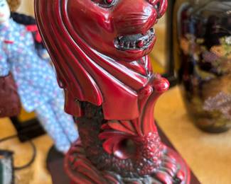 Red Foo Dog carved resin statue