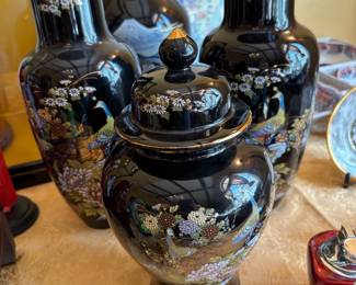 Vintage Japanese black glazed hand painted lidded ginger jar and two vases 