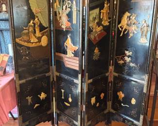 Vintage oriental black lacquered folding four panel screen with carved soapstone inlay work
