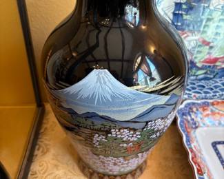 Mt Fuji  Vintage black glazed hand painted vase 