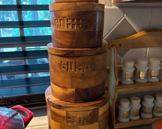 Set of four vintage MCM parquetry wood canister set