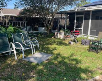 Garden decor, pots, table, bbq pits, lawn chairs, etc