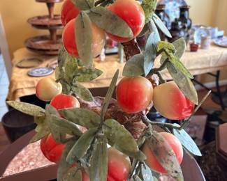 Vintage Chinese Peach carved jade and stone bonsai tree