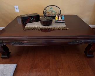 Gorgeous mahogany square coffee table with cork diorama scene and other Japanese black and red lacquerware 