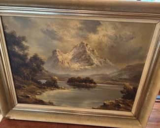 Vintage Oil Painting on canvas with mountain landscape 