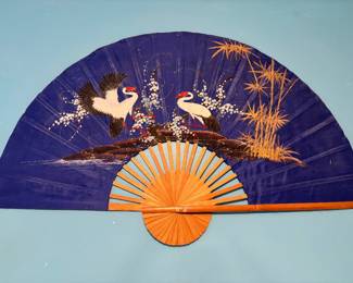 Large painted Silk and Bamboo wall fan 