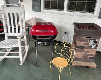 White wooden rocking chair, cute yellow bumblebee mini chair , bbq pit and a fire pit 