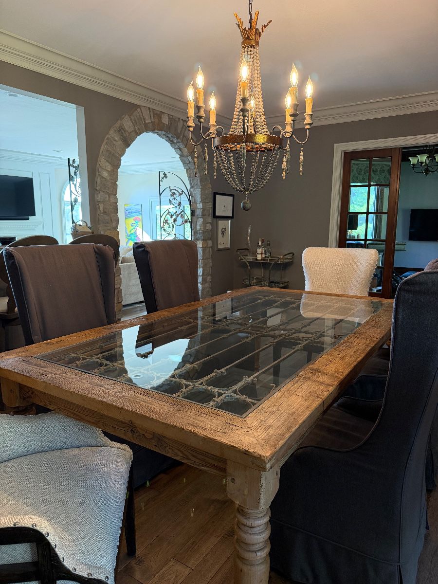 Custom made table from a French door with Arhaus chairs