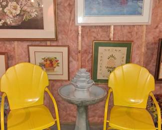 outdoor clam shell chairs and waterfountain