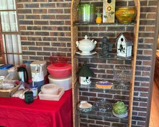 Rattan and glass display or bookshelf 