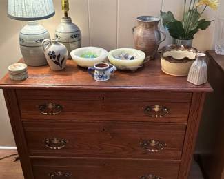 Antique 3 drawer chest of drawers with brass hardware 