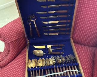 Brass and Teakwood Flatware Set With wood storage case 