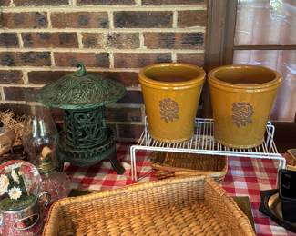 Cast iron pagoda lantern and ceramic pots 
