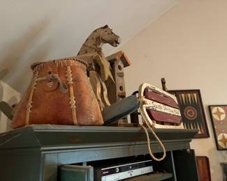 Faux Birch creel, rocking horse, bird house and Sled with Advertising