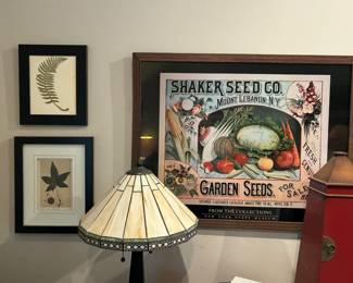 Tiffany style table lamp, pressed plants and seed sign