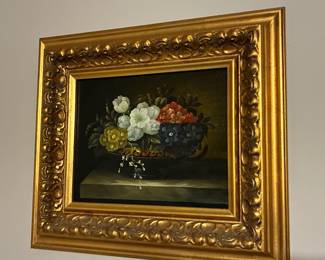Foral still life oil painting in ornate gilt frame