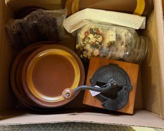 Antique coffee grinder, jar of old buttons, dinnerware