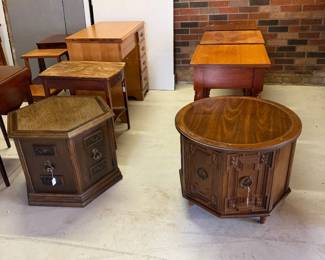 Mid Century Modern tables and solid wood tables in the back